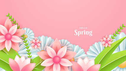 Spring botanical flower floral illustration. Pastel pink spring landscape background