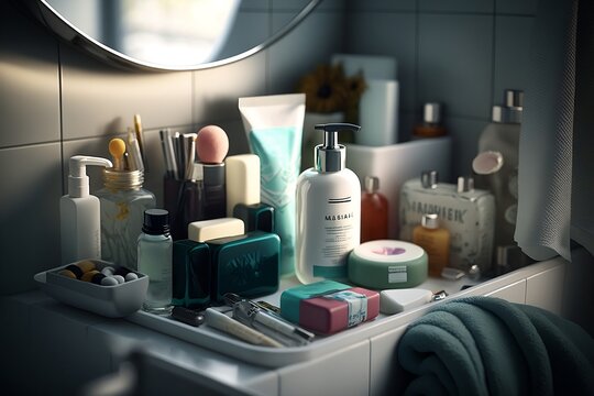 plein de produits cosm&eacute;tiques f&eacute;minins dispos&eacute;s autour d'un lavabo dans une salle de bain moderne - generative ai
