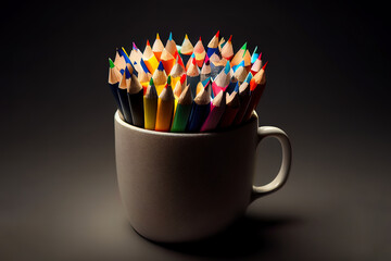 Side view of a bunch of colored pencils in a white cup on dark. Generative Ai