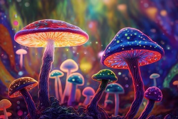 Beautiful colourful magic mushrooms, made with generative ai