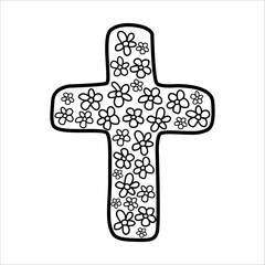 Obraz premium Cross full of flowers doodle vector illustration on white background. Religion symbol.
