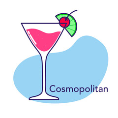 Alcoholic cocktail - cosmopolitan with lime and cherry. Illustration on transparent background