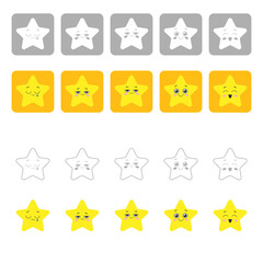 Rating scale with five cute yellow stars. Graduation of mood from crying to happiness. Illustration on transparent background