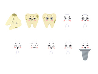 Obraz premium Different cute characters of teeth - sick, healthy, dead, implant. Illustration on transparent background