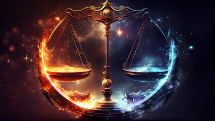 Scales of justice with fire effect and space background. Zodiac sign. Horoscope.