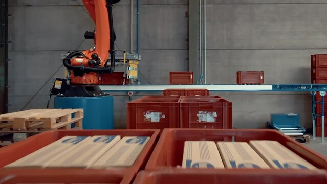 Automated machine. Smart robotic. Robotic Arm. Modern technology and automation. Robotic equipment. Conveyor line. Industrial factory.