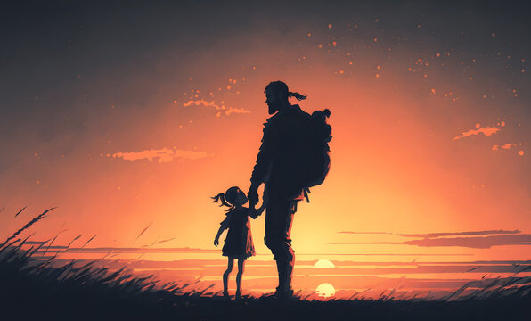 silhouette of the father carring his daughter up at sunset, digital art style, illustration painting, Generative AI