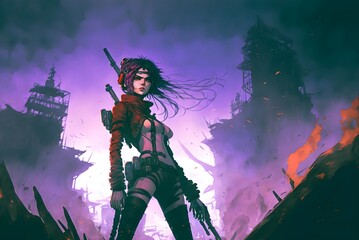 Fototapeta na wymiar futuristic soldier woman with gun standing against the ruined city, digital art style, illustration painting, Generative AI