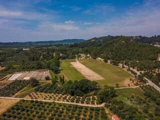 Aerial view Ancient Olympia by drone. Summer Greece. Panorama.