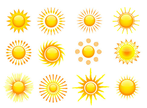 Sun icons vector symbol set. Collection of sun stars for use in as logo or weather icon. Various icons with rays. Vector illustration