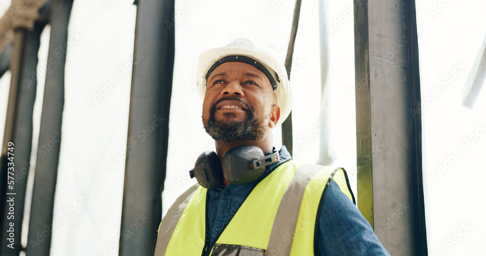 Poster Architecture, thinking and construction site manager building a development property project and safety inspection. Engineering, management and African contractor monitoring or checking progress