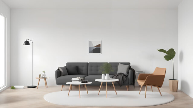 minimal clean interior design of living room with sofa, generative art by A.I.