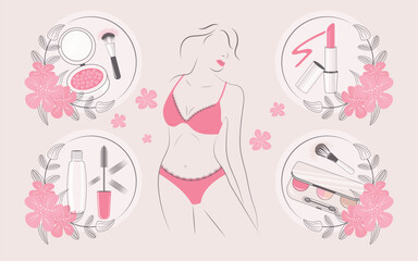 The concept of beauty and femininity. A silhouette of a girl and a set of stickers with the image of cosmetics