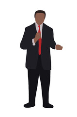 A young businessman standing in a full formal suit presents his work.