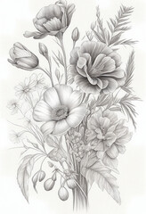 Beautiful Flowers Bouquet, Floral Arrangement, Wall Art Illustration, Generative AI