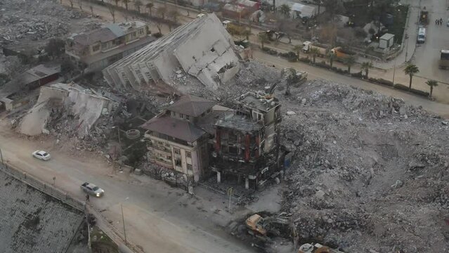 Hatay Antakya center city drone view, areas affected by the earthquake, buildings damaged and destroyed by the earthquake, tent cities of earthquake victims, Turkiye Earthquake