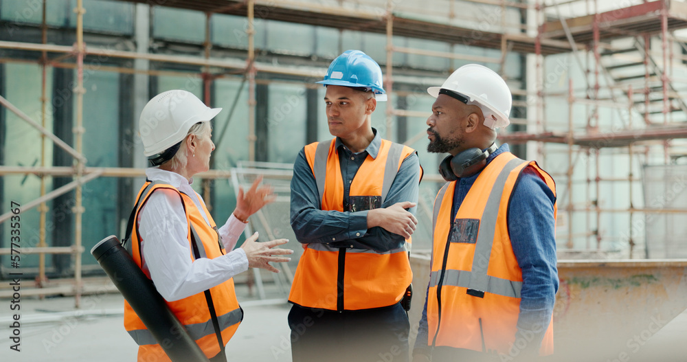 Poster construction workers, building engineers or tablet in teamwork planning, architecture innovation or 
