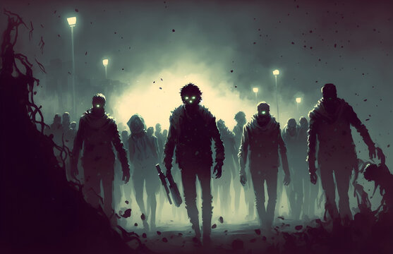 zombie crowd walking at night, halloween concept, illustration painting
