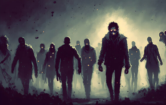 zombie crowd walking at night, halloween concept, illustration painting, Generative AI