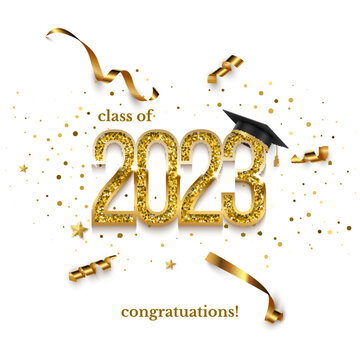 2023 graduation ceremony square banner. Award concept with academic hat, golden numbers, ribbons, confetti and text isolated on white background