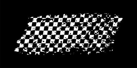 Grunge waing car race flag with scratches vector illustration. White checkered pattern of start and finish of auto rally and motocross, banner for karting sport, championship trophy on black