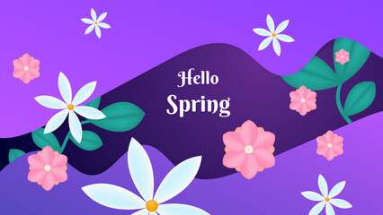 Spring purple background with flowers in flat style. Gradient floral background