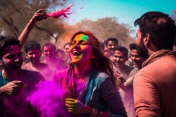 Holi festival | vibrant and lively scene of the Holi festival, with people coming together to celebrate love, fertility, and arrival of spring. dancing, and throwing colored powder at each other. Ai