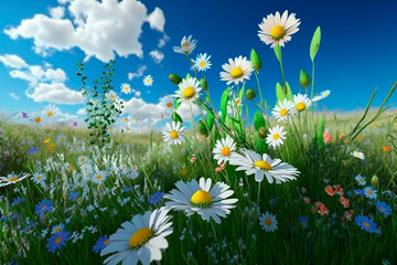 generative ai illustration of beautiful flower meadow in spring, blue sky with white clouds