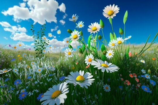 generative ai illustration of beautiful flower meadow in spring, blue sky with white clouds © epiximages