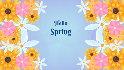 Spring time landscape light blue background with flowers season. Spring landscape background vector