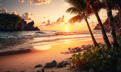 Tropical beach, sunset. AI generative.