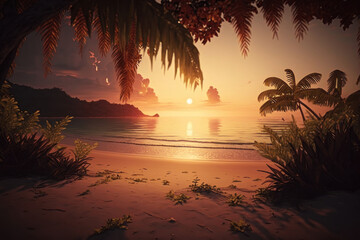 Tropical beach with palm trees, sunset. AI generative.