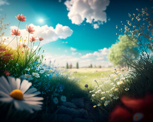 generative ai illustration of beautiful flower meadow in spring, blue sky with white clouds