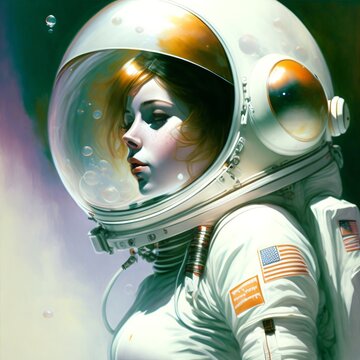 16years old brunnet girl astronaut cracking the round space helmet surrounding her head