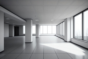 Empty big office interior. Modern spacious empty light hall room with big windows. ceramic tiles on the floor and lights. Generative AI