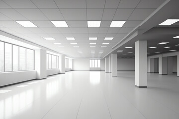 Empty big office interior. Modern spacious empty light hall room with big windows. ceramic tiles on the floor and lights. Generative AI