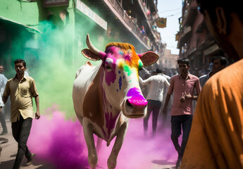 Fototapeta na wymiar Holi festival | cow with vibrant colors of Holi powder on its coat walking along a bustling street in India. crowd of people can be seen playing with powder and celebrating festival of colors. Ai