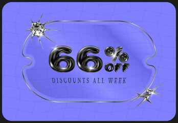 Glassmorphism 3d poster in y2k brutalism style. Promo Banner with discounts glass price tag with 3D shape . Sticker shape with transparent effect. Promotion with discount coupon.  