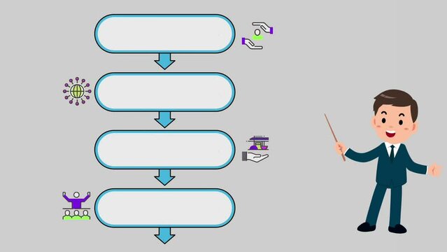 Animation presentations man with blue 4 step for infographic template on gray background.