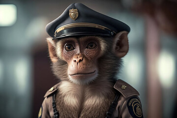Portrait of monkey dressed as a police officer. Generative AI.