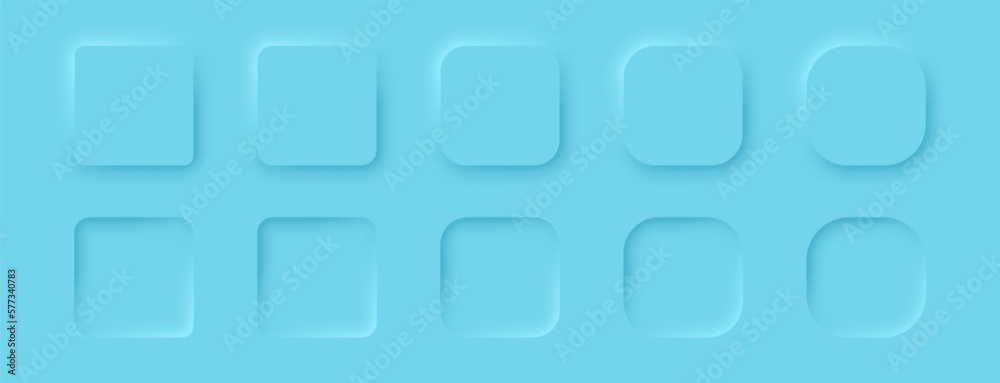 Poster square buttons in a neomorphic style on a blue background. a set of user interface design elements. 
