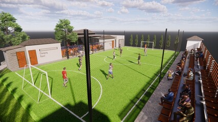 3d rendering of a mini football - futsal - soccer field integrated with a restaurant and cafe illustration  © WINDERFULL STUDIO