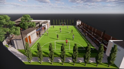 3d rendering of a mini football - futsal - soccer field integrated with a restaurant and cafe illustration
