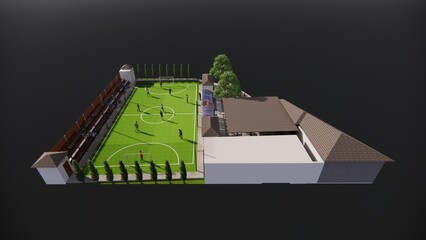 3d rendering of a mini football - futsal - soccer field integrated with a restaurant and cafe illustration  © WINDERFULL STUDIO