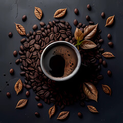 Coffee on a black background. Generative AI.