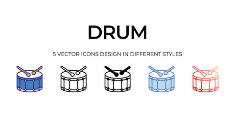 drum Icon Design in Five style with Editable Stroke. Line, Solid, Flat Line, Duo Tone Color, and Color Gradient Line. Suitable for Web Page, Mobile App, UI, UX and GUI design.