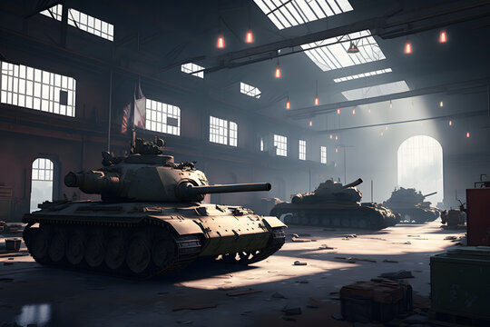 battle tank at a military base in a hangar, an industrial plant. Neural network AI generated art
