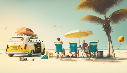summer holiday on beach by minivan Generative AI