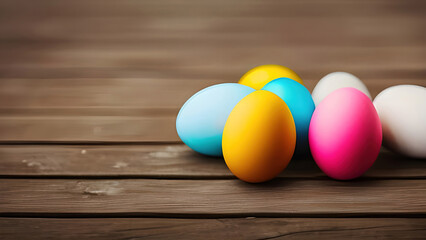 Fototapeta na wymiar Easter eggs on wooden background. Easter illustration wallpaper. (Generative AI)