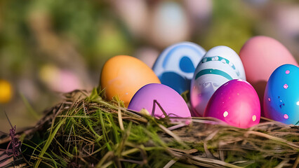 Fototapeta na wymiar Painted easter eggs in a nest. Easter illustration wallpaper. (Generative AI)